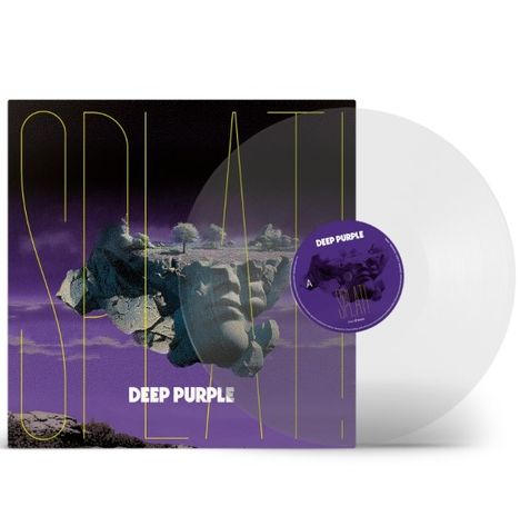 "SPLAT!" und "DEEP PURPLE" in lila, gelber und weißer Schrift über einer schwebenden Insel mit Bäumen.