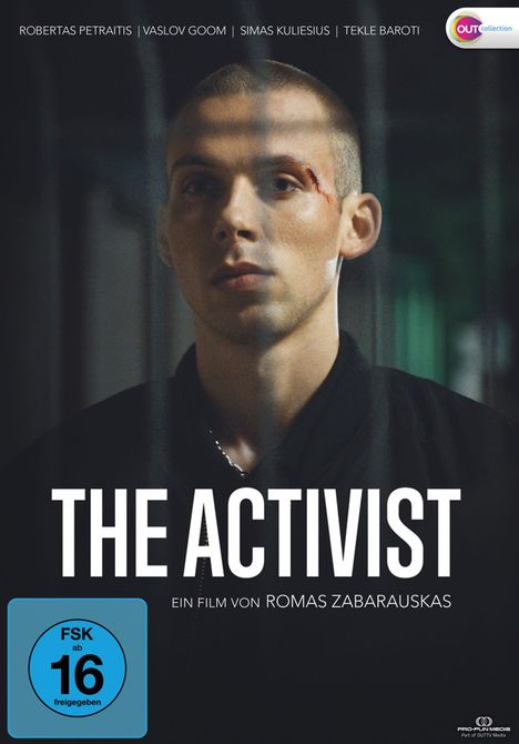 Oben Namen, daneben ein farbiges Logo. Text: "THE ACTIVIST, EIN FILM VON ROMAS ZABARAUSKAS." Darunter FSK 16. Ein Mann blickt ernst.