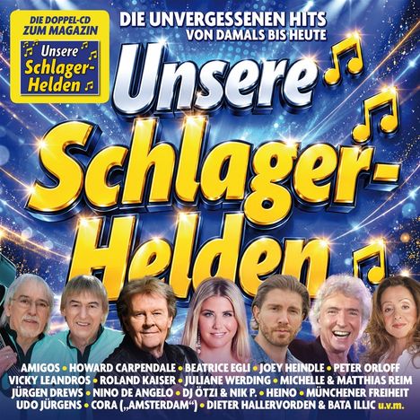 "Unsere Schlager-Helden" in großen Buchstaben, Porträts von bekannten Schlagersängern darunter.