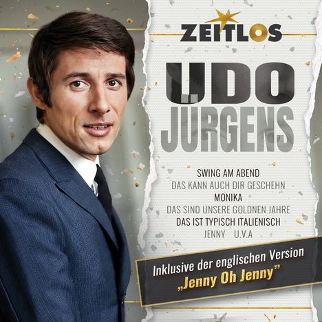 Illustration eines Mannes mit Text: „Zeitlos“, „Udo Jürgens“, Songtitel, und „Inklusive der englischen Version ‚Jenny Oh Jenny‘“.