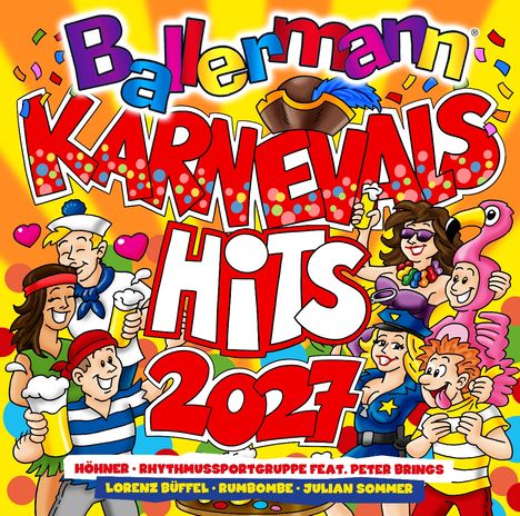 "Ballermann Karnevals Hits 2027" in bunten Buchstaben, mit fröhlich feiernden Menschen und Konfetti im Hintergrund.