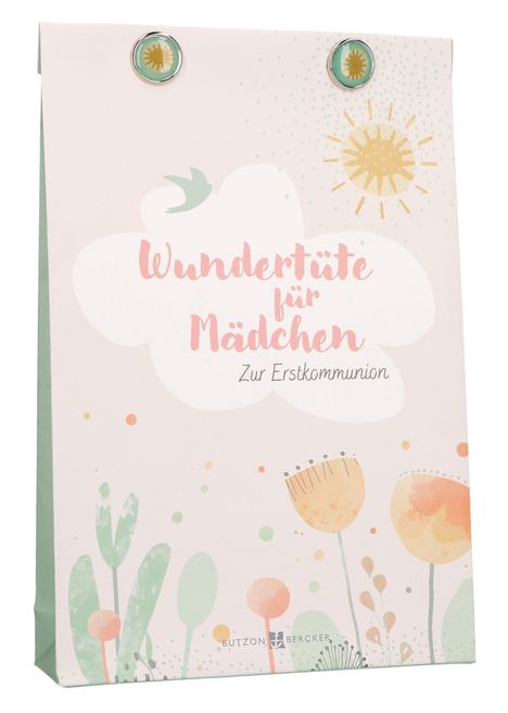 „Wundertüte für Mädchen. Zur Erstkommunion.“ Pastellfarben, Sonne, Blumenmuster.