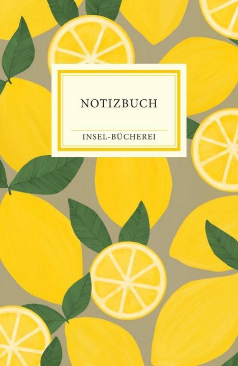 "NOTIZBUCH - INSEL-BÜCHEREI" auf gelbem Hintergrund mit stilisierten Zitronen und grünen Blättern.