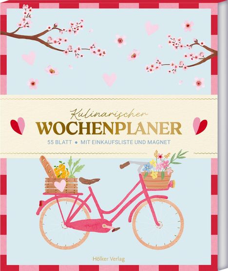 „Kulinarischer Wochenplaner“; Illustration von Fahrrad, Kirschblüten, Herzmotiven, rotes Karo.