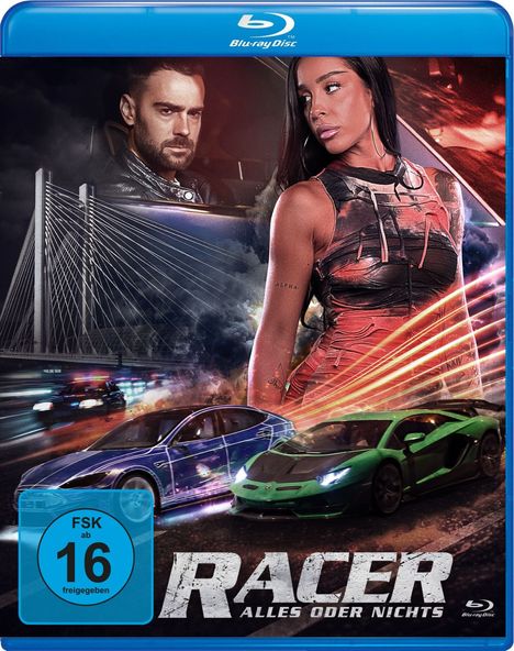 "FSK ab 16 freigegeben. RACER ALLES ODER NICHTS. Zwei Autos, ein Mann, eine Frau und eine Brücke bei Nacht."