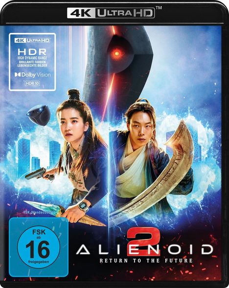 „4K Ultra HD“, „HDR“, „Dolby Vision“, „Alienoid 2“, „Return to the Future“, „FSK ab 16“. Zwei Figuren mit Waffen und Sci-Fi-Design.