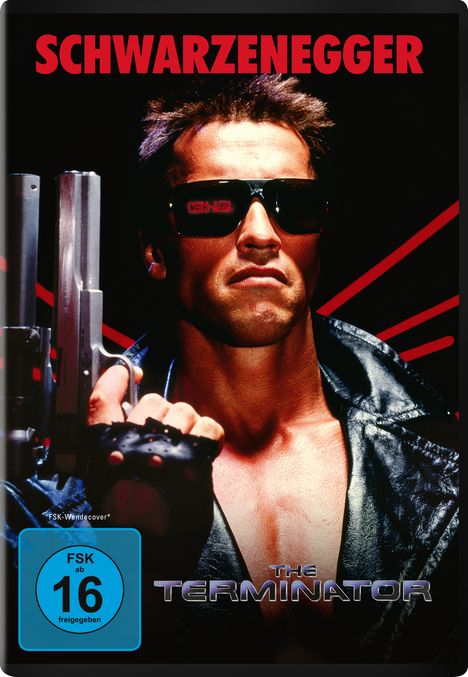 SCHWARZENEGGER; FSK ab 16 freigegeben; THE TERMINATOR; Mann in Sonnenbrille und Lederjacke mit Gewehr.