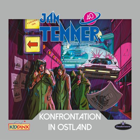 "Konfrontation in Ostland" zeigt Personen in Regenmänteln und ein fliegendes Auto in futuristischer Stadt.