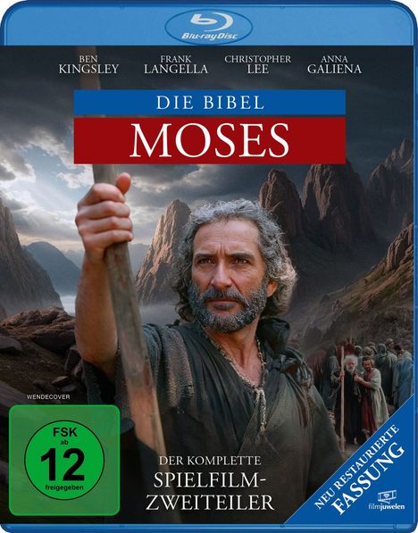 Text: "Die Bibel Moses", "Der komplette Spielfilm-Zweiteiler", "FSK ab 12 freigegeben". Ein Mann mit Stab in bergiger Landschaft.