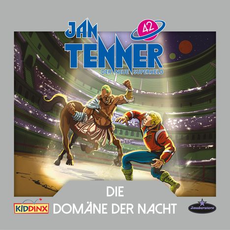 „JAN TENNER 42, DER NEUE SUPERHELD, DIE DOMÄNE DER NACHT“; Zwei Charaktere kämpfen in einer futuristischen Arena.