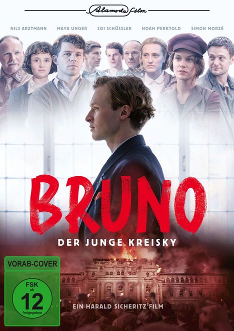 „BRUNO DER JUNGE KREISKY“, Vorab-Cover, FSK 12. Junge in Anzug, hinter ihm historische Szene, viele Menschen.