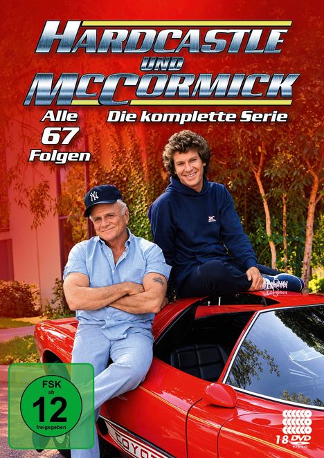 „Hardcastle und McCormick. Alle 67 Folgen. Die komplette Serie.“ Zwei Männer lehnen an einem roten Auto. FSK 12.