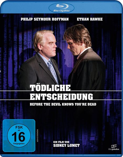Aufschrift: "Tödliche Entscheidung", "Before the Devil Knows You're Dead", "FSK ab 16", zwei Männer in Anzügen schauen sich an.