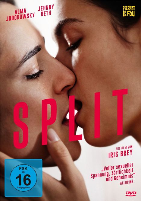 „SPLIT“ in roten Buchstaben, zwei Personen küssen sich innig, Text „Voller sexueller Spannung, Zärtlichkeit und Geheimnis“.