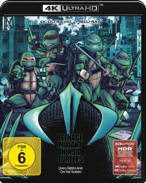 "4K ULTRA HD" oben, "Teenage Mutant Ninja Turtles" mittig. Illustration: vier schildkrötenähnliche Charaktere in Kampfposen.