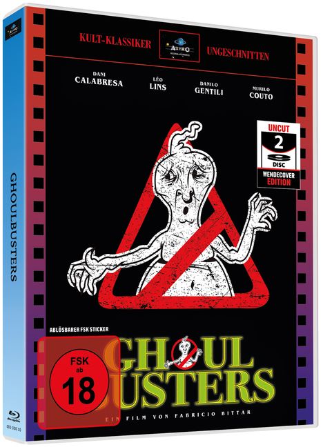 „KULT-KLASSIKER“, „UNGESCHNITTEN“, „GHOULBUSTERS“, „FSK ab 18“. Illustration: Geist im Verbotssymbol.