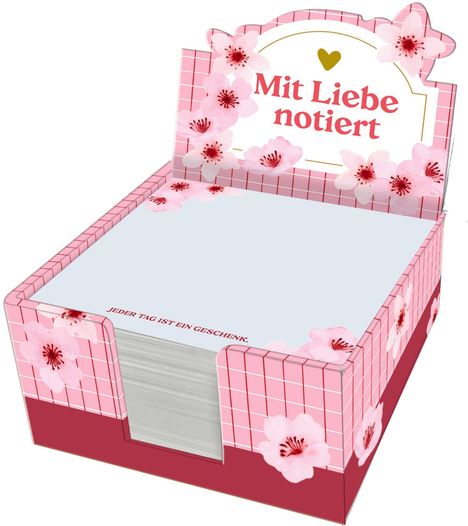 Schriftzug "Mit Liebe notiert" und "Jeder Tag ist ein Geschenk" auf rosa-blumiger Notizzettelbox.