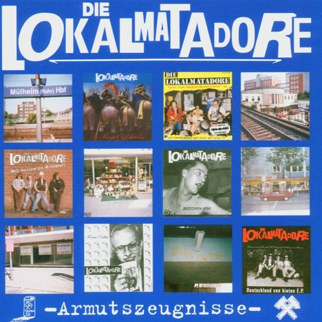 "Die Lokalmatadore" oben in großen Buchstaben, darunter zwölf Bilder und Text "-Armutszeugnisse-" unten auf blauem Hintergrund.