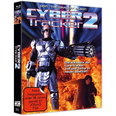 Der Text lautet „CYBER Tracker 2“ und „Die Rückkehr der Core-Tracker - Tod und Terror in neuer Qualität!“ Ein Cyborg mit einer Waffe.
