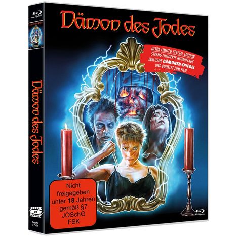 "Dämon des Todes", Blu-ray-Box mit gruseliger Illustration von Figuren, roten Kerzen und dekorativem Rahmen. Altersfreigabe ab 18.