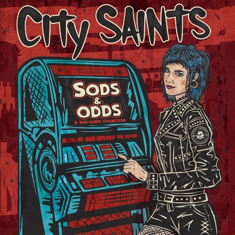 "City Saints" und "Sods & Odds" sind die Haupttexte. Eine Illustration zeigt eine Person mit blauer Frisur neben einem Automaten.