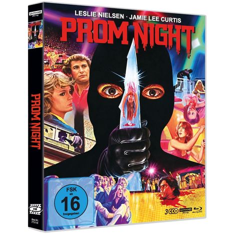 "PROM NIGHT" oben, FSK 16 Siegel, grausamer Maskierter mit Messer, verstörte Menschen, leuchtende Farben.