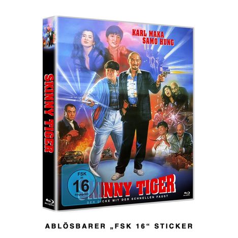 "SKINNY TIGER", Karl Maka, Samo Hung, FSK 16, Actionfilm-Cover, Charaktere mit Waffen und Explosionen, Retro-Illustration.