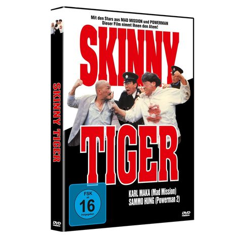 Text: „Mit den Stars aus MAD MISSION und POWERMAN. Dieser Film nimmt Ihnen den Atem! SKINNY TIGER.“ Cover zeigt zwei Männer in Auseinandersetzung mit Polizisten.