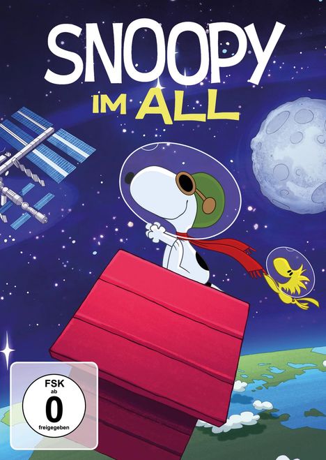 "SNOOPY IM ALL" in großen Buchstaben. Illustration: Snoopy im Raumanzug auf seiner Hundehütte; Planet Erde im Hintergrund.