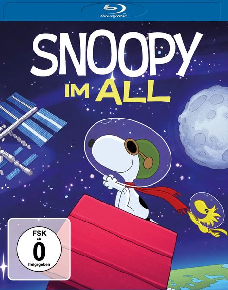 Text: "SNOOPY IM ALL", "Vorab-Cover", "FSK 0". Illustration: Snoopy in einem roten Flugzeug im Weltraum, mit Erde und Weltraumstation.