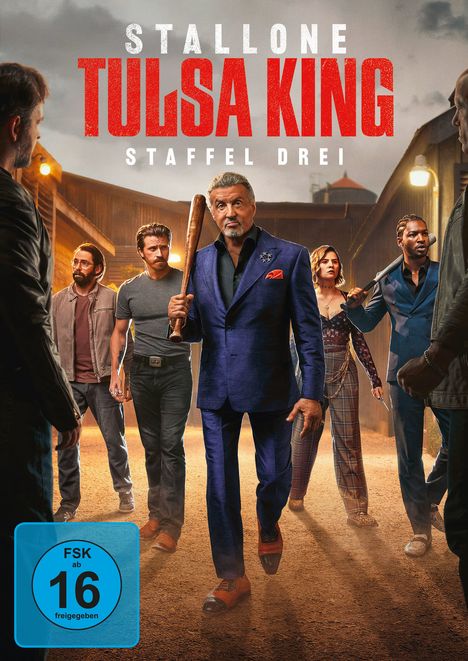 "STALLONE TULSA KING STAFFEL DREI" steht oben. In der Mitte steht ein Mann im Anzug mit einem Schläger, umgeben von Menschen.