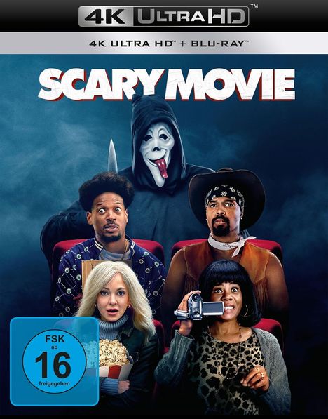 Text: "4K ULTRA HD + BLU-RAY, SCARY MOVIE 6, FSK ab 16 freigegeben, VORAB-COVER." Darunter vier erschrockene Personen.