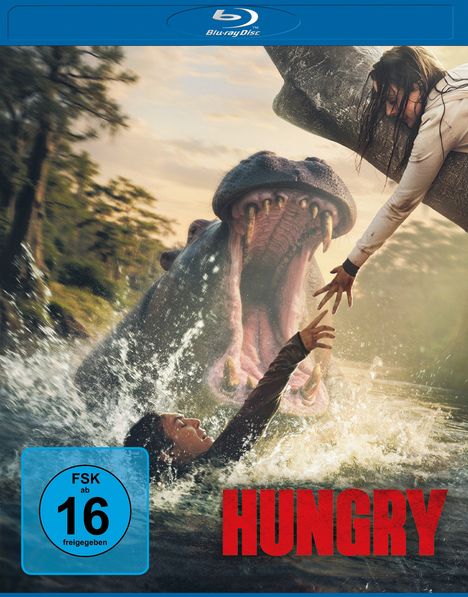 Text: "Vorab-Cover", "FSK ab 16 freigegeben", "HUNGRY". Szene mit aggressivem Nilpferd im Wasser, Menschen in Gefahr.