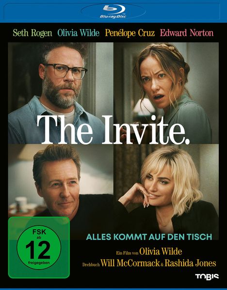 „The Invite.“ oben: Seth Rogen, Olivia Wilde, Penélope Cruz, Edward Norton. Unten: „ALLES KOMMT AUF DEN TISCH“. Menschen an einem Tisch.
