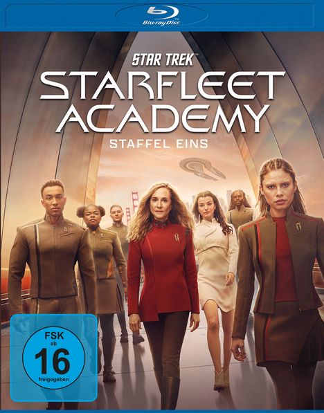 „Star Trek Starfleet Academy Staffel Eins“ Blu-ray-Cover. Gruppe in futuristischer Kleidung, blaue FSK 16 Kennzeichnung.
