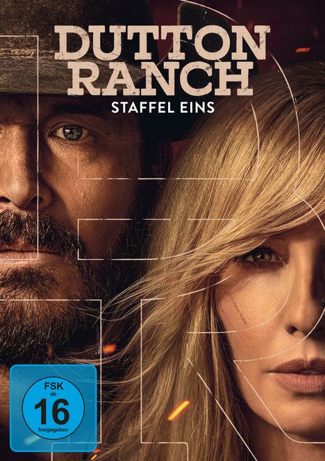 "DUTTON RANCH Staffel Eins" steht prominent oben. Darunter eine Frau und ein Mann nebeneinander, die Hälfte ihrer Gesichter sichtbar.