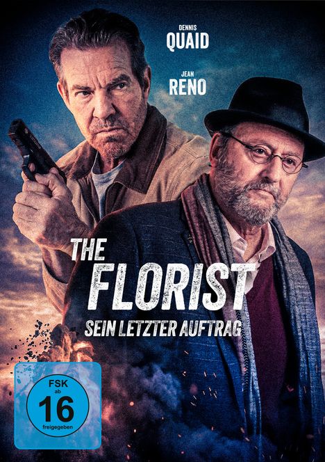 Text: "THE FLORIST". Ein Schaufenster zeigt Blumen und subtil ein Gewehr im Hintergrund.