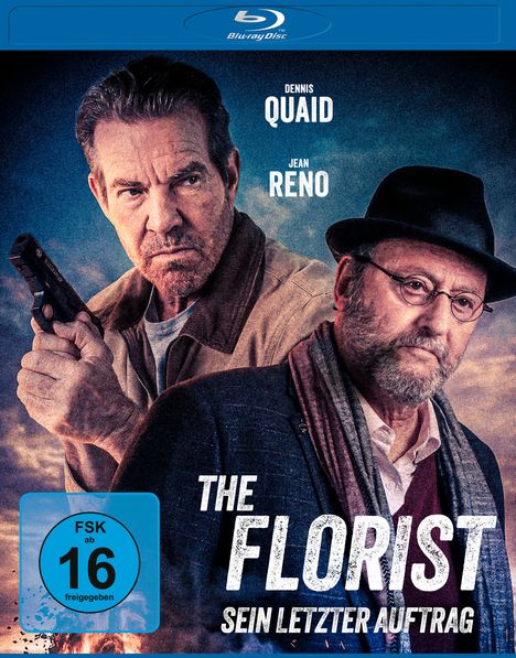 Text: "THE FLORIST". Ein Schaufenster mit Blumen und einem Gewehr im Hintergrund.