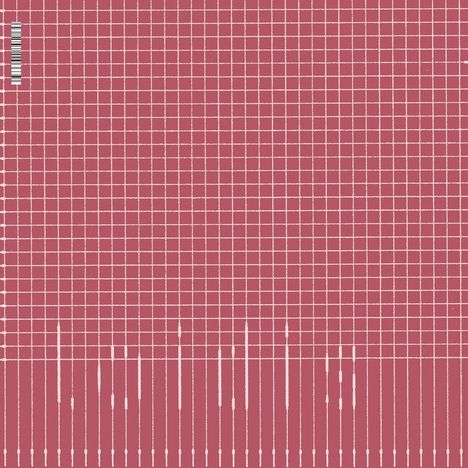 Barcodes links. Roter Hintergrund, weißes Gittermuster, vertikale weiße Linien verschiedener Längen unten.