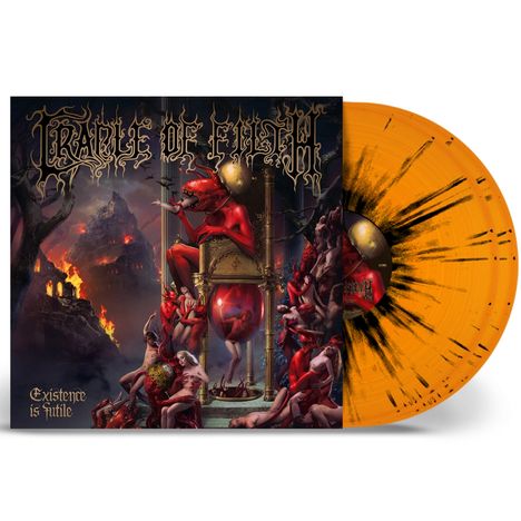 "Cradle of Filth" und "Existence is futile" in gotischer Schrift. Albumcover mit infernaler Szene und orangefarbener Schallplatte.