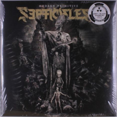 "Modern Primitive", "SEPTICFLESH". Eine düstere Illustration mit einem skelettartigen Wesen in priesterlicher Robe.