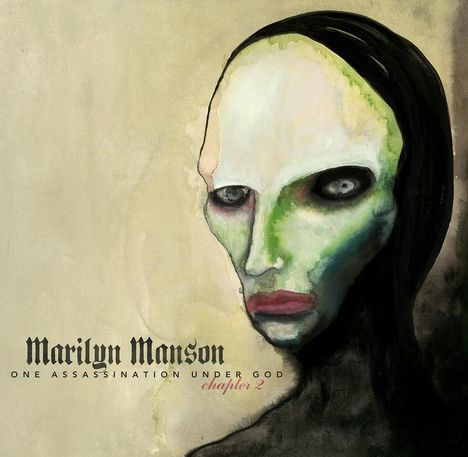 Text: "Marilyn Manson. One Assassination Under God. Chapter 2." Abstrakte, düstere Illustration eines Gesichts mit intensiven Augen.
