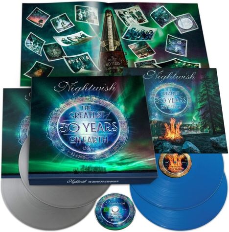 Album „Nightwish: The Greatest 30 Years On Earth“. Cover mit polarlichtartigem Hintergrund. Enthält Vinyls und CD.