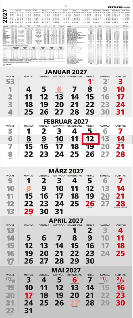 Kalender für 2027, Monate Januar bis Mai. Feiertage wie Neujahr, Valentinstag und Ostern hervorgehoben.