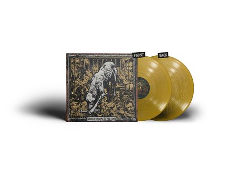 Text: "FRONT", "BACK", "Crucifixion Depiction". Zwei goldene Schallplatten mit kunstvoll gestaltetem Cover, Wolf-Motiv.