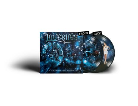Texts: Lovebites, CLOCKWORK IMMORTALITY. Darstellung eines Albums mit blauen, mechanisch-fantastischen Themen.