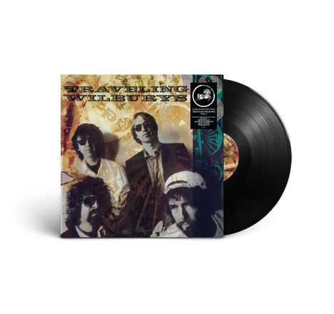Text: "Traveling Wilburys". Abgebildet sind fünf Männer in einer Collage. Rechts ist eine Schallplatte zu sehen.