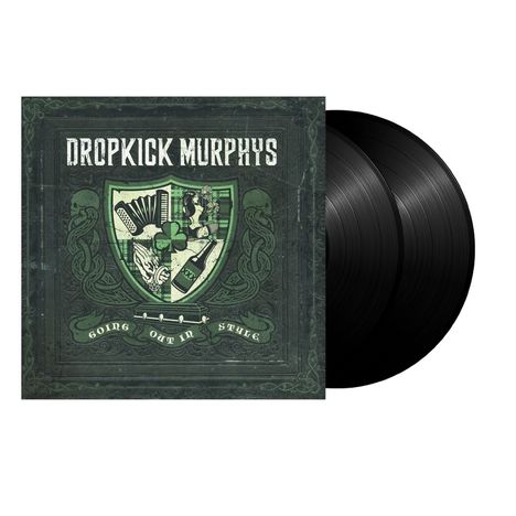 "Dropkick Murphys" und "Going Out In Style" sind in einem grünen Wappen-Design. Zwei schwarze Vinyl-Schallplatten sichtbar.