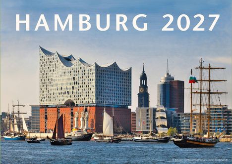 "HAMBURG 2027" steht groß über einem Hafengebiet mit Segelschiffen und der Elbphilharmonie.