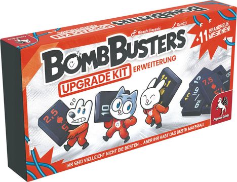 „BombBusters Upgrade Kit Erweiterung“; „11 brandneue Missionen“; cartoonartige Tiere in roten Anzügen mit Zahlenwürfeln.